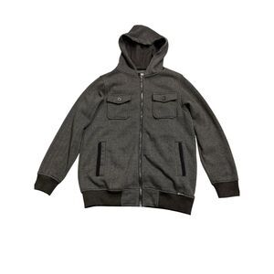 Elixir Men’s Medium Gray Herringbone Zip Up Hoodie Jacket Fleece Lined Full Zip